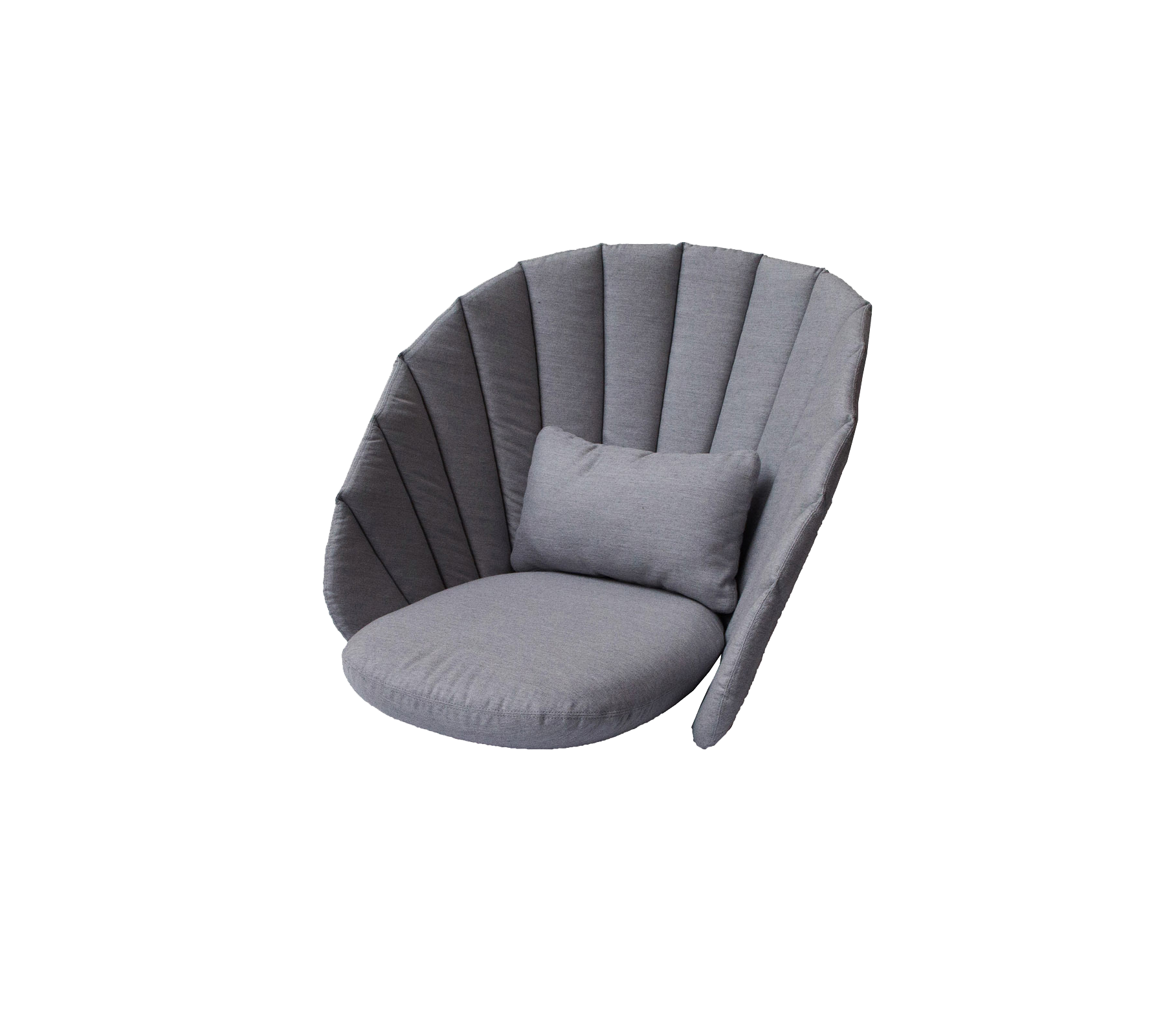 Stijlvolle grijze loungefauteuil met een afgerond ontwerp en een pluche kussen, dat een gezellige zitoptie biedt.