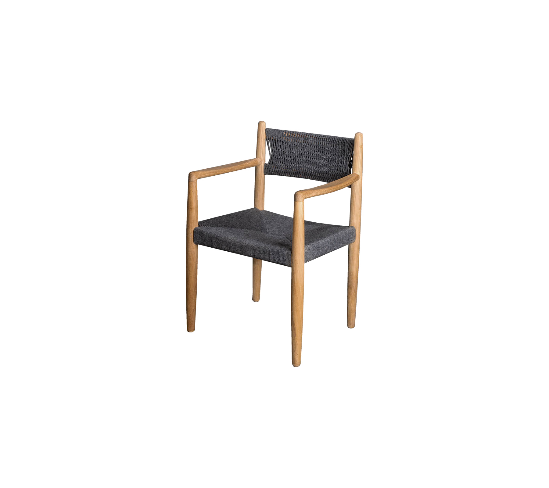 Stijlvolle stoel met een houten frame en donkere stoffering, met armleunen en een eigentijds ontwerp.