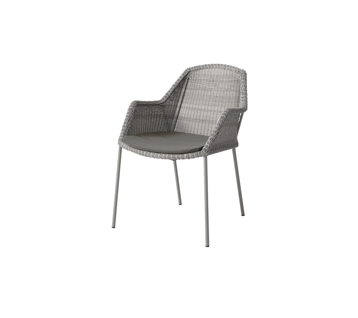 Een moderne stoel met een geweven ontwerp en een gevoerde zitting, ondersteund door slanke metalen poten in een neutrale grijstint.