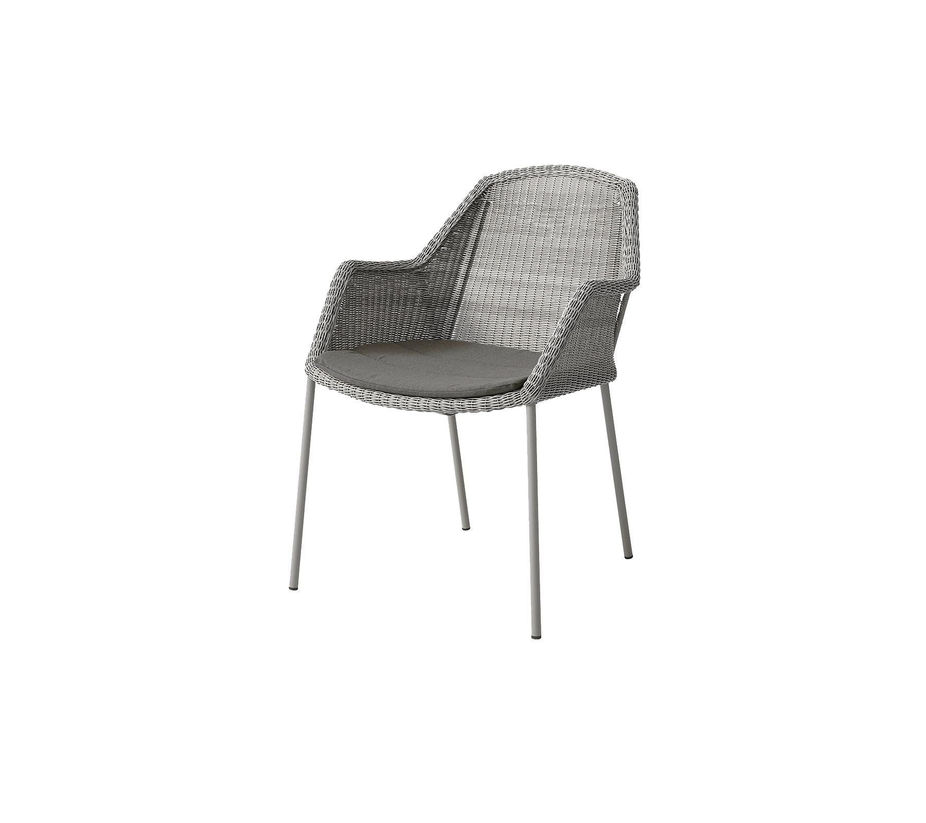 Een moderne stoel met een geweven ontwerp en een gevoerde zitting, ondersteund door slanke metalen poten in een neutrale grijstint.