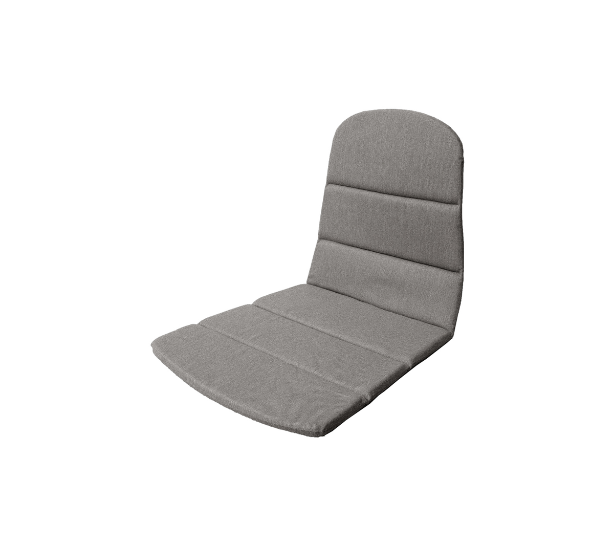 Grijze, gewatteerde zitting met een gestructureerde rugleuning, voorzien van horizontale stiksels voor extra comfort en ondersteuning. Geschikt voor verschillende omgevingen.