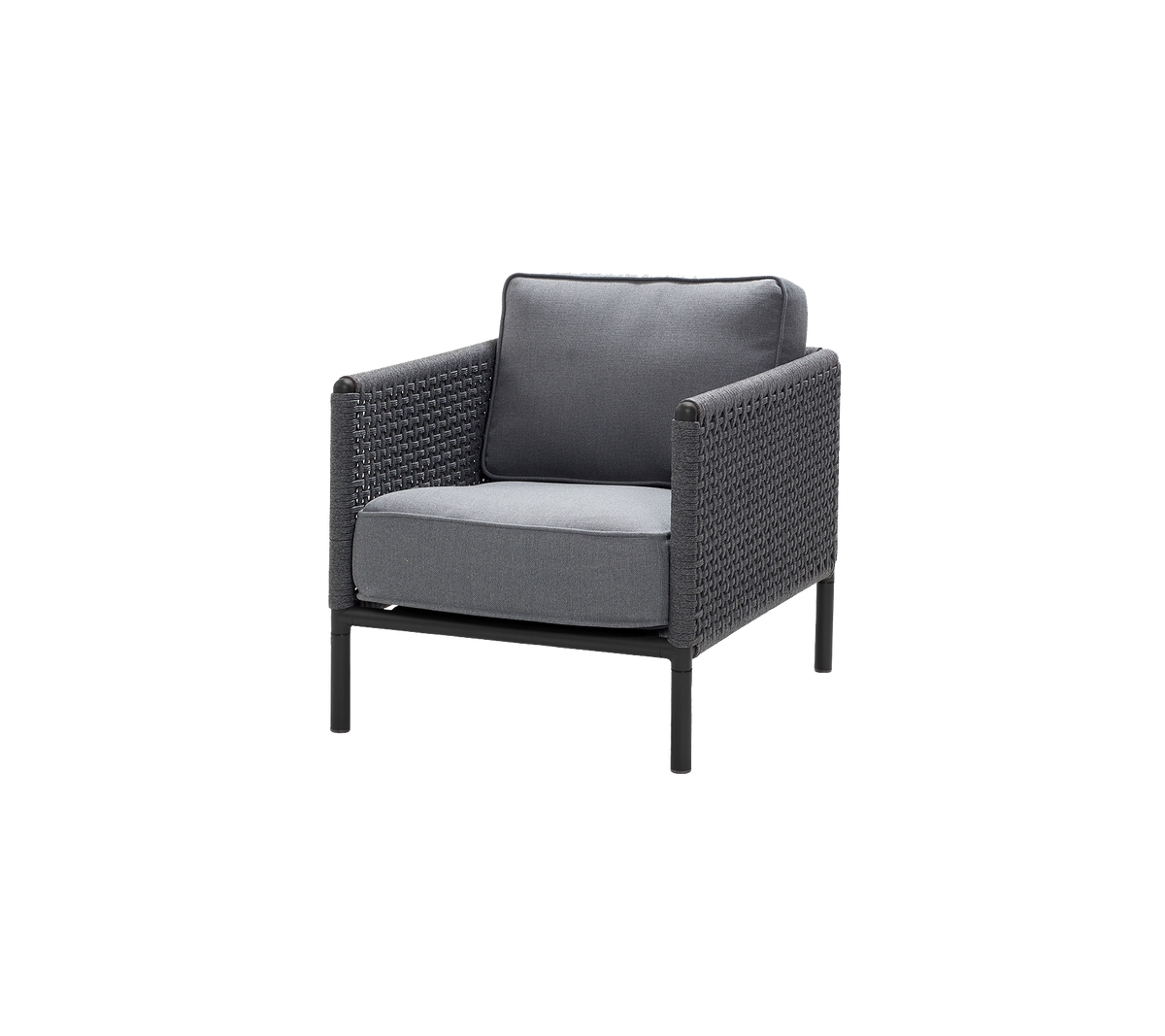 Stijlvolle stoel met een grijze kussen en geweven textuur, ontworpen voor comfort en moderne esthetiek. Ideaal voor verschillende omgevingen.