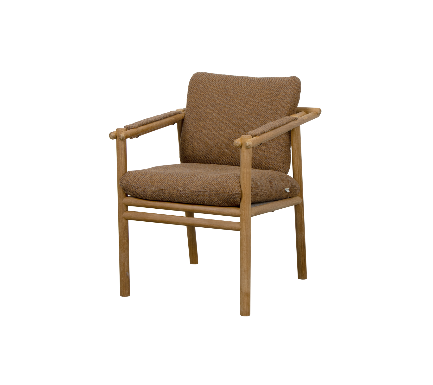 Bruine gestoffeerde stoel met houten armleuningen en een minimalistisch ontwerp, geschikt voor verschillende omgevingen.