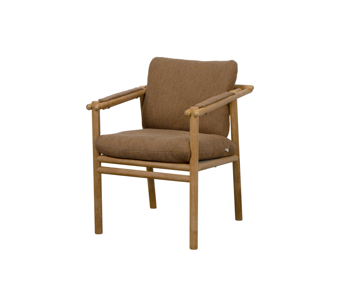 Bruine gestoffeerde stoel met houten armleuningen en een minimalistisch ontwerp, geschikt voor verschillende omgevingen.
