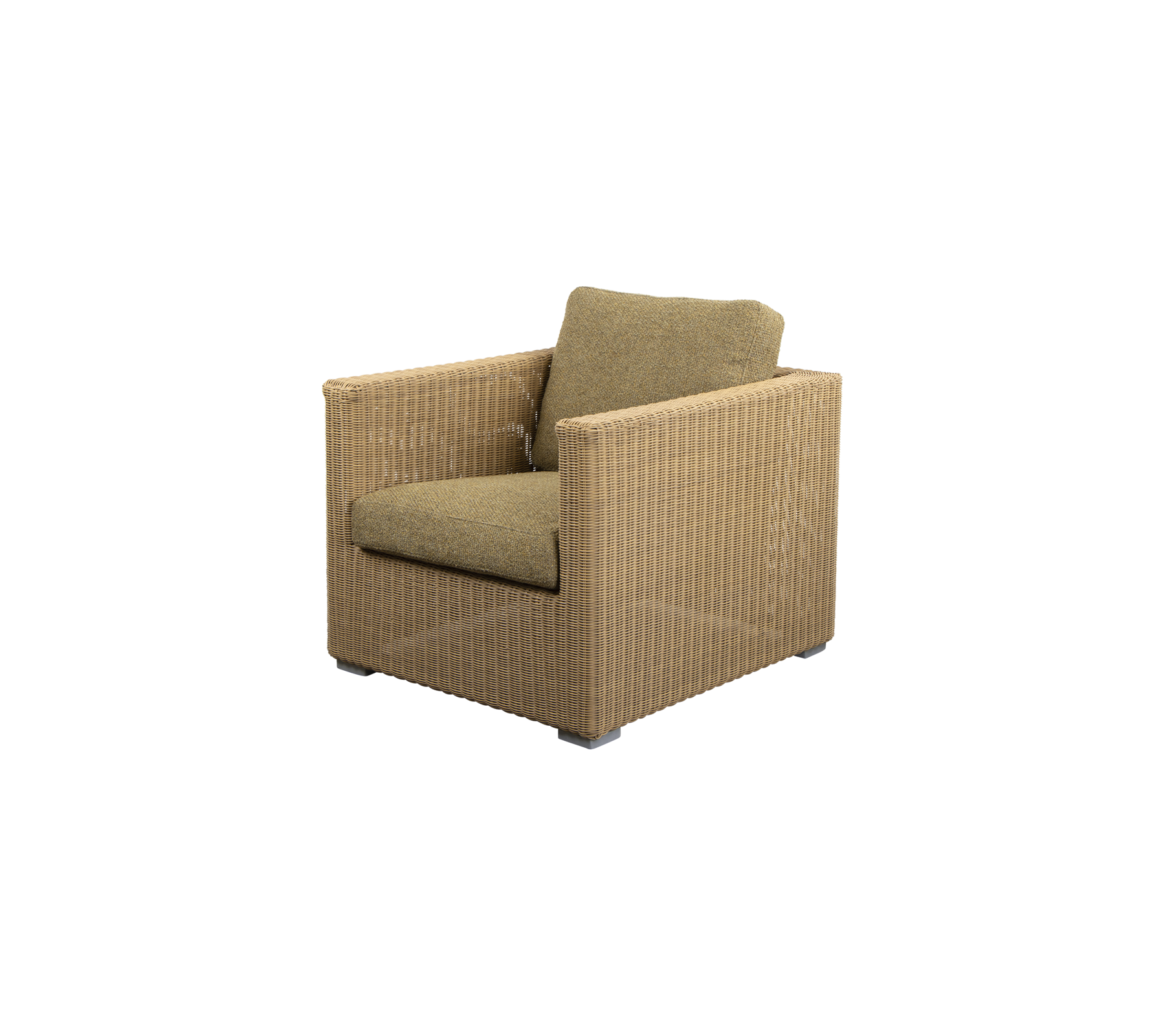 Een comfortabele, moderne stoel met een geweven textuur en een zacht groen kussen, perfect voor ontspanning en stijl.