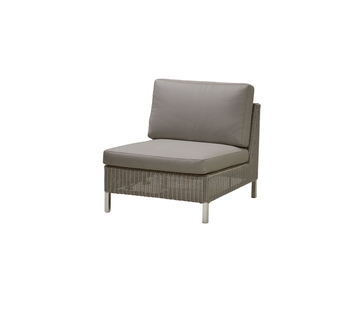 Stijlvolle éénzitstoel met een geweven basis en een luxe grijze kussen, perfect voor ontspanning en moderne decoratie.