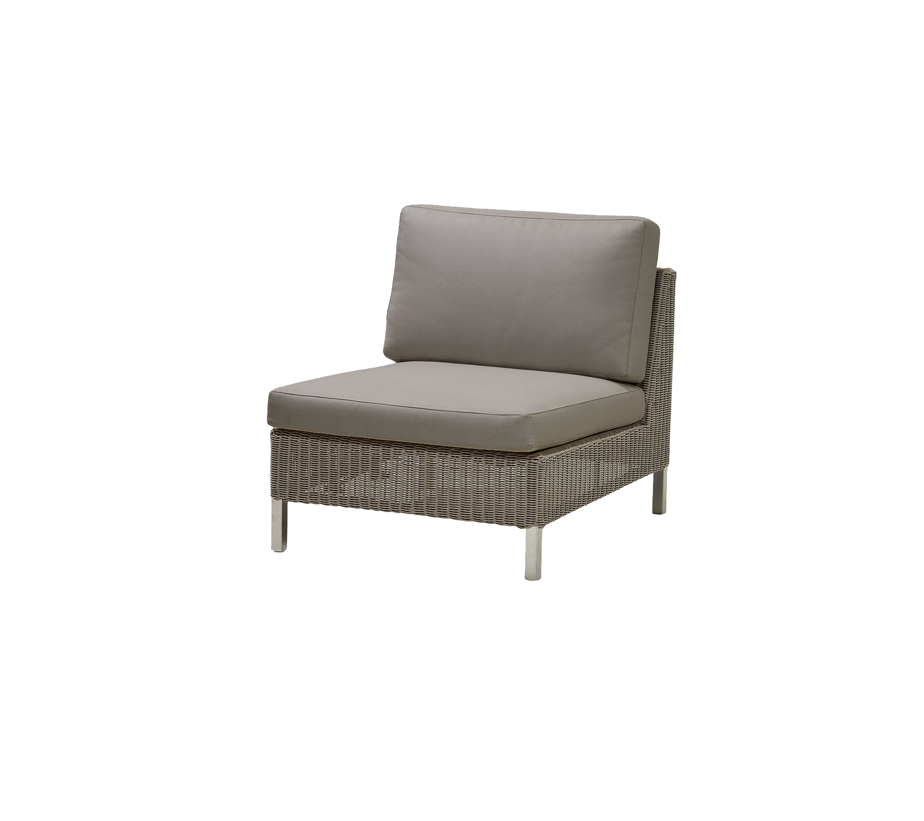 Stijlvolle éénzitstoel met een geweven basis en een luxe grijze kussen, perfect voor ontspanning en moderne decoratie.