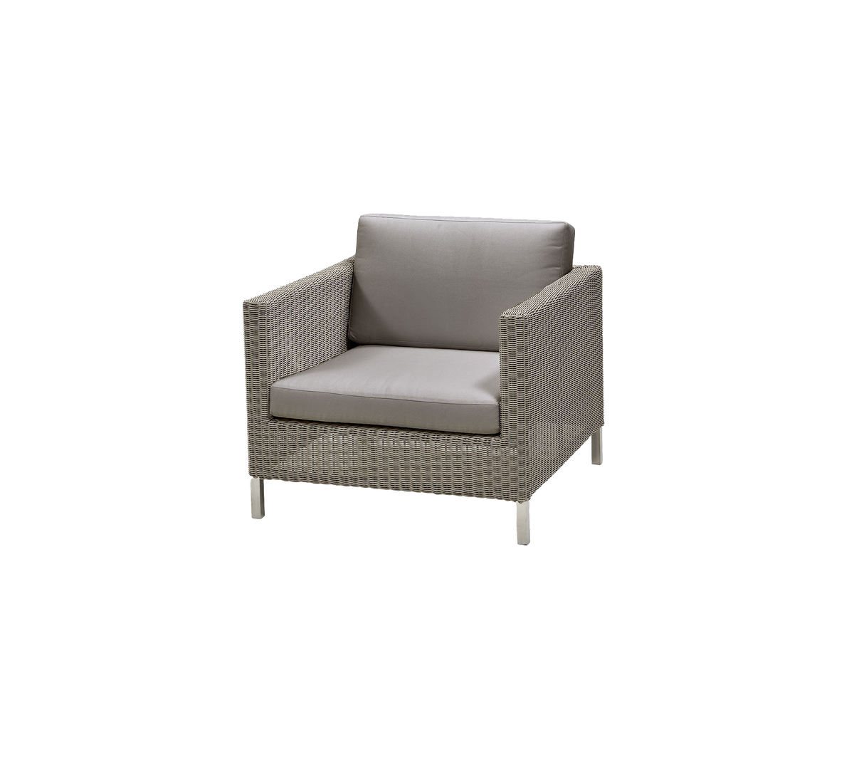 Stijlvolle, moderne stoel met een geweven ontwerp en een comfortabele grijze kussen, perfect voor ontspanning en buiten zitten.
