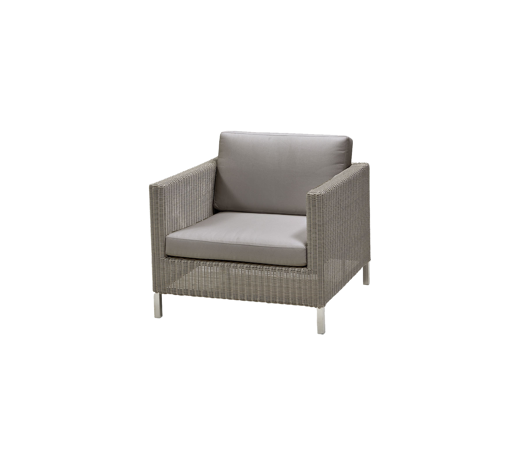 Stijlvolle, moderne stoel met een geweven ontwerp en een comfortabele grijze kussen, perfect voor ontspanning en buiten zitten.