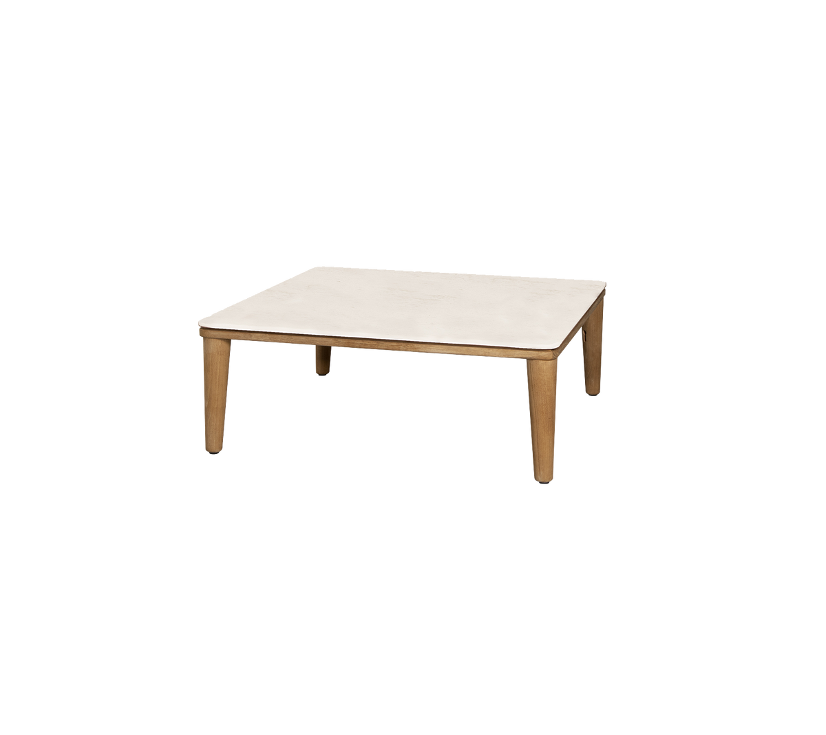Vierkant tafel met een lichtgekleurde bovenkant en houten poten, die een minimalistisch ontwerp biedt dat geschikt is voor verschillende omgevingen.