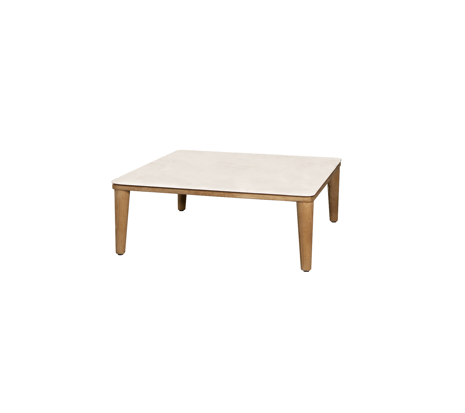 Vierkant tafel met een lichtgekleurde bovenkant en houten poten, die een minimalistisch ontwerp biedt dat geschikt is voor verschillende omgevingen.