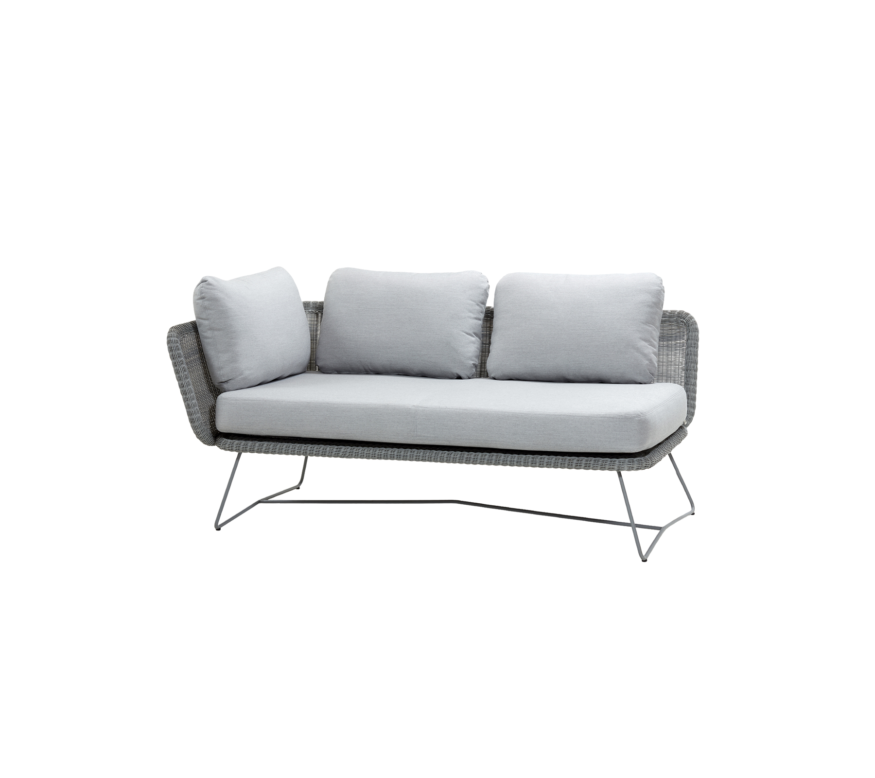 Moderne bank met een slank grijs frame en zachte lichtgrijze kussens, ontworpen voor comfort en stijl. Ideaal voor elke ontspanningsruimte.