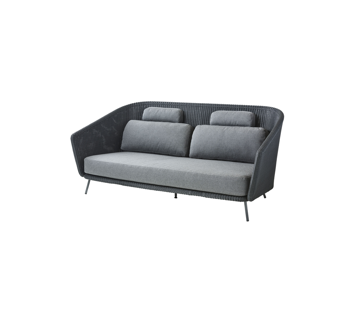 Stijlvolle twee-kleurige grijze bank met pluche kussens en een moderne, gebogen vorm, perfect voor hedendaagse woonruimtes.