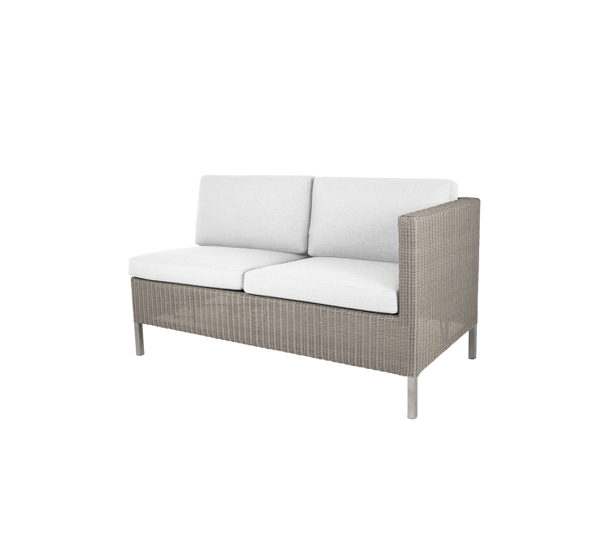 Comfortabele tweezitsbank met een modern design, voorzien van zachte witte kussens en een stijlvolle geweven frame. Ideaal voor ontspanning.