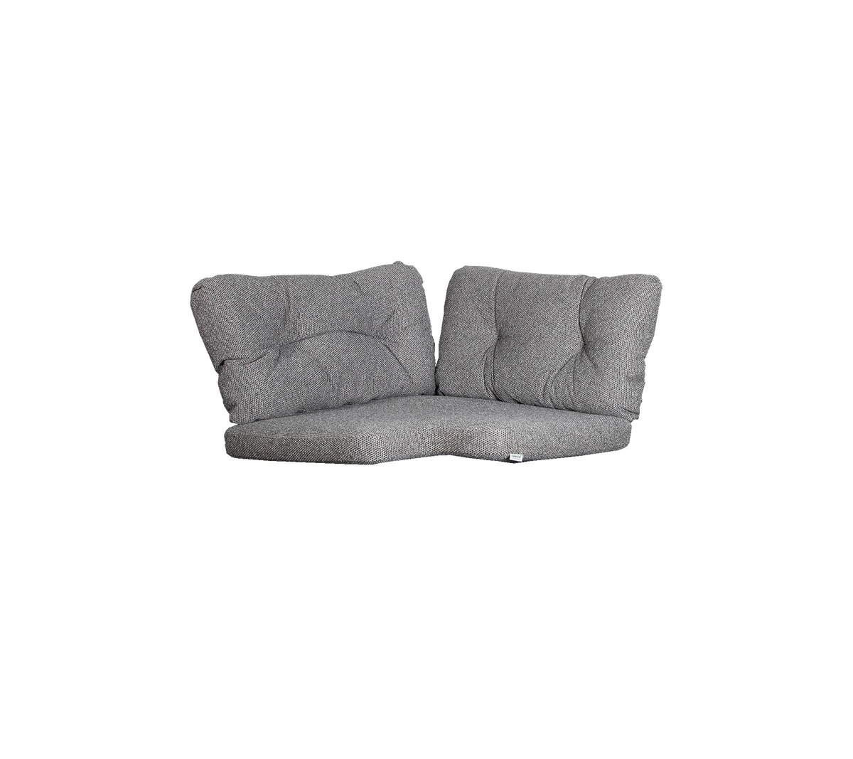 Grijze tweezitslounge met pluche kussens, met een modern ontwerp en een gebogen vorm voor comfort en stijl.