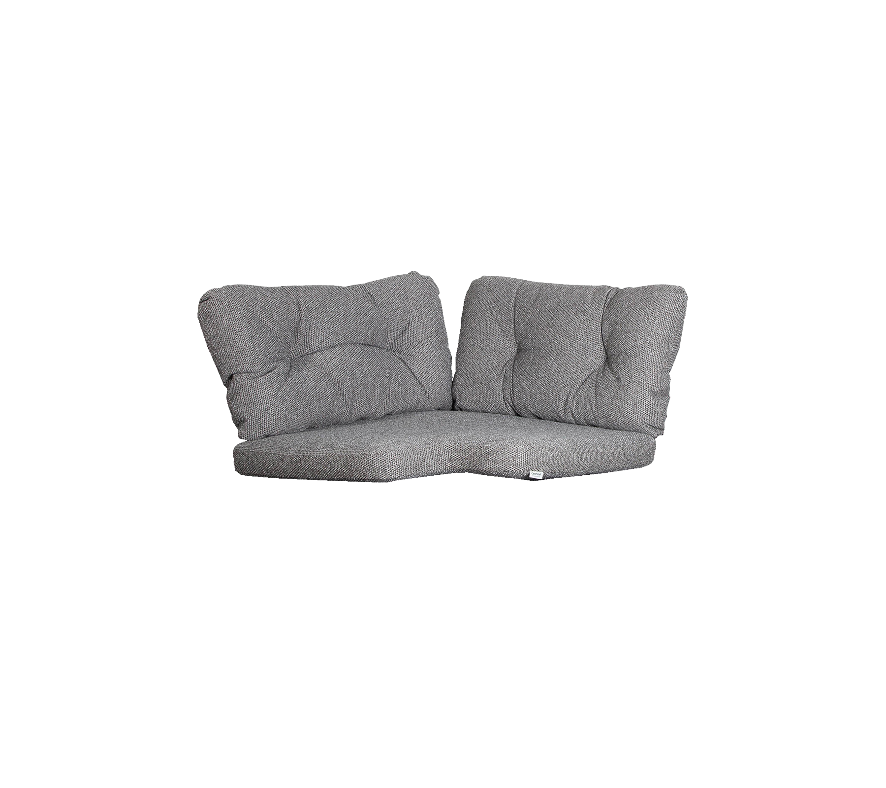 Grijze tweezitslounge met pluche kussens, met een modern ontwerp en een gebogen vorm voor comfort en stijl.