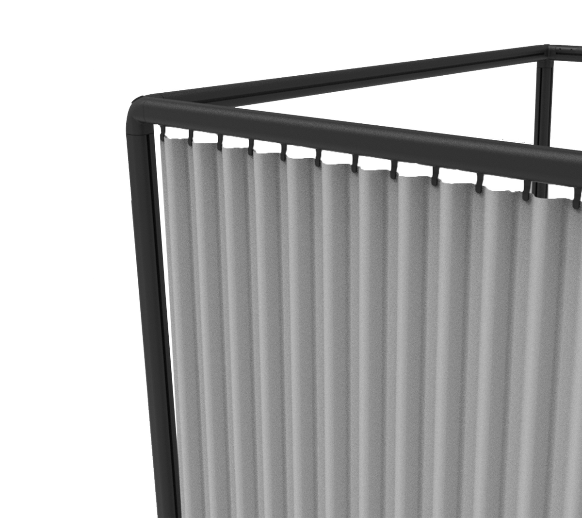 Een zwartomrande scheidingswand met verticaal georiënteerde, lichtgekleurde panelen, ontworpen om afscheiding of privacy te creëren.