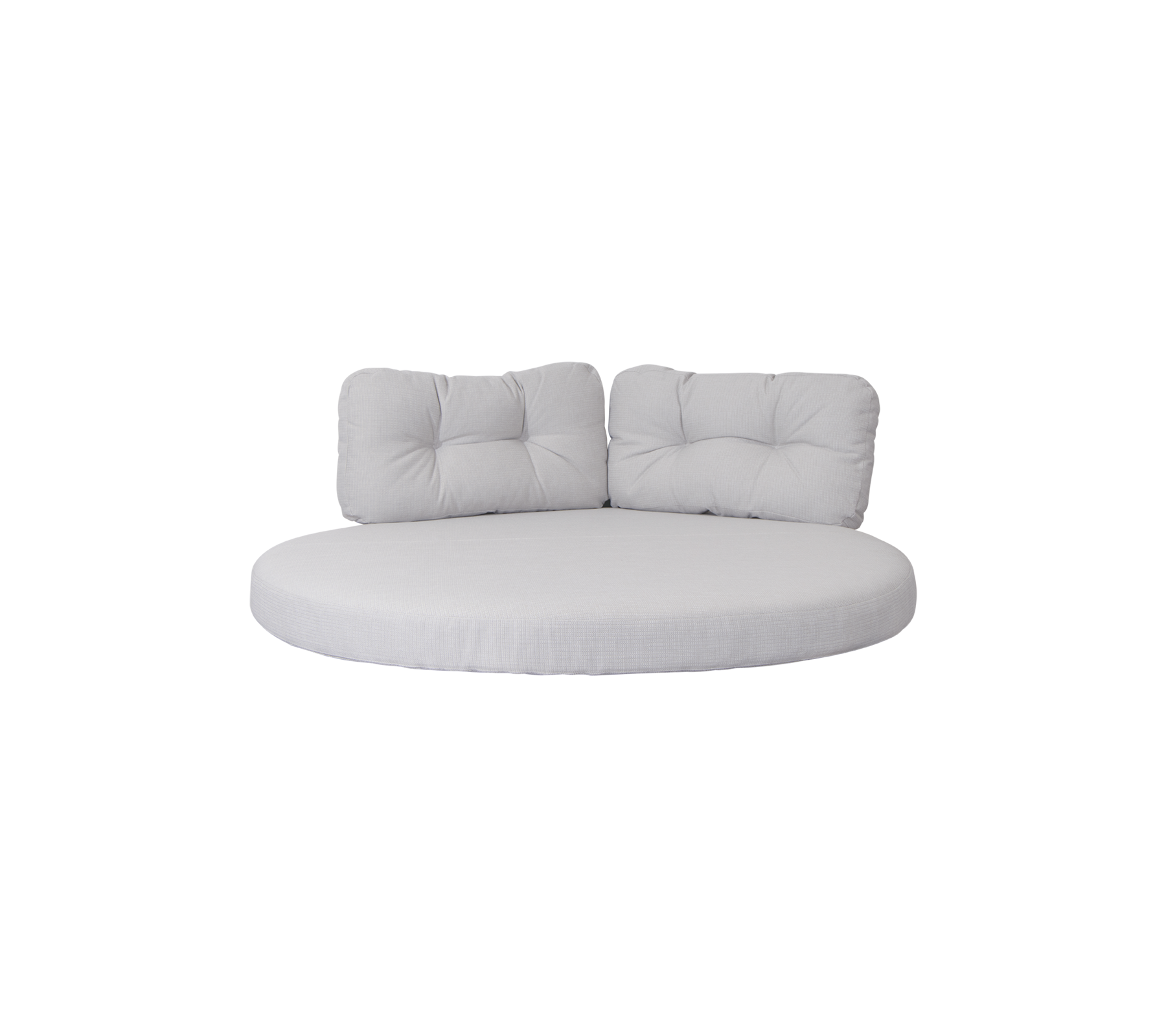 Ronde, beklede zitting met twee ondersteunende rugkussens in een neutrale kleur, ontworpen voor comfort en ontspanning.