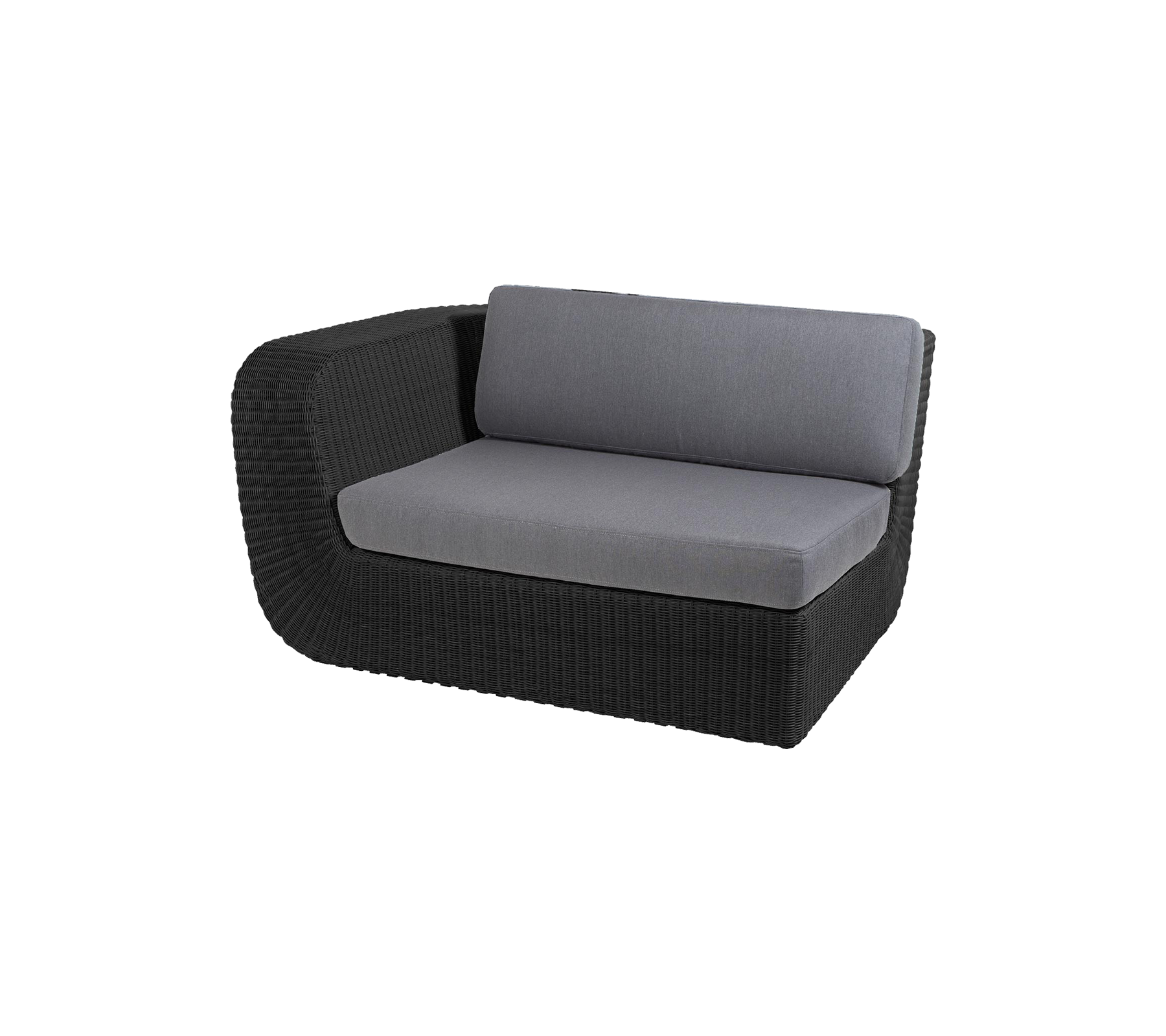 Moderne tweezitbank met een slanke zwarte rattenframe en zachte grijze kussens voor comfort en stijl. Ideaal om te ontspannen.