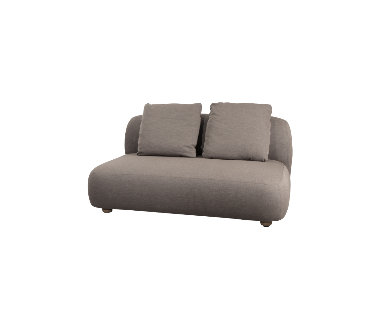 Comfortabele, moderne bank in een zacht grijze stof met twee pluche kussens, met afgeronde hoeken voor een eigentijdse uitstraling.