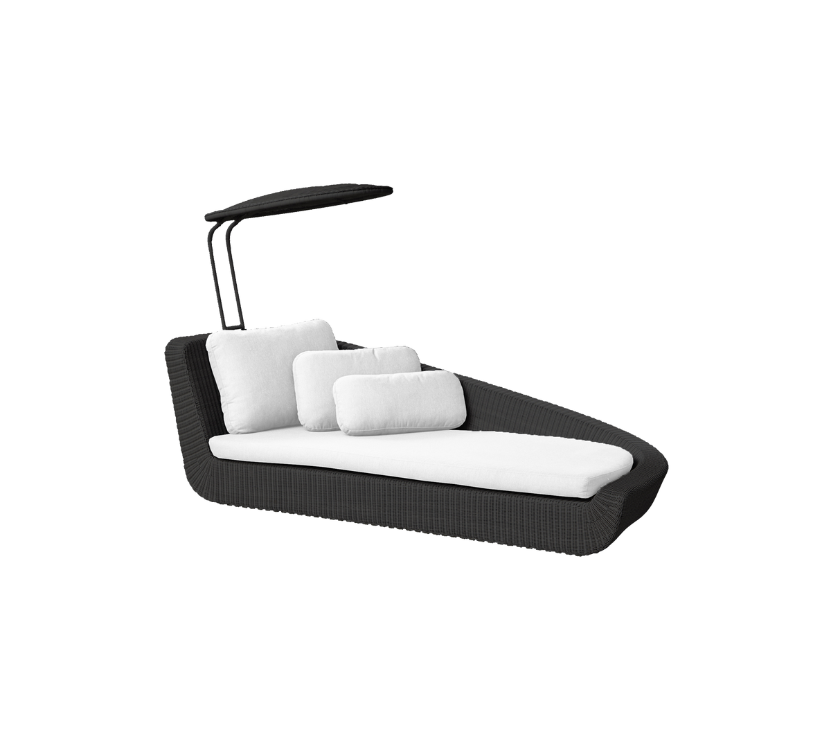 Stijlvolle zwarte loungestoel met witte kussens en een verstelbare luifel voor schaduw en comfort. Perfect voor ontspanning.
