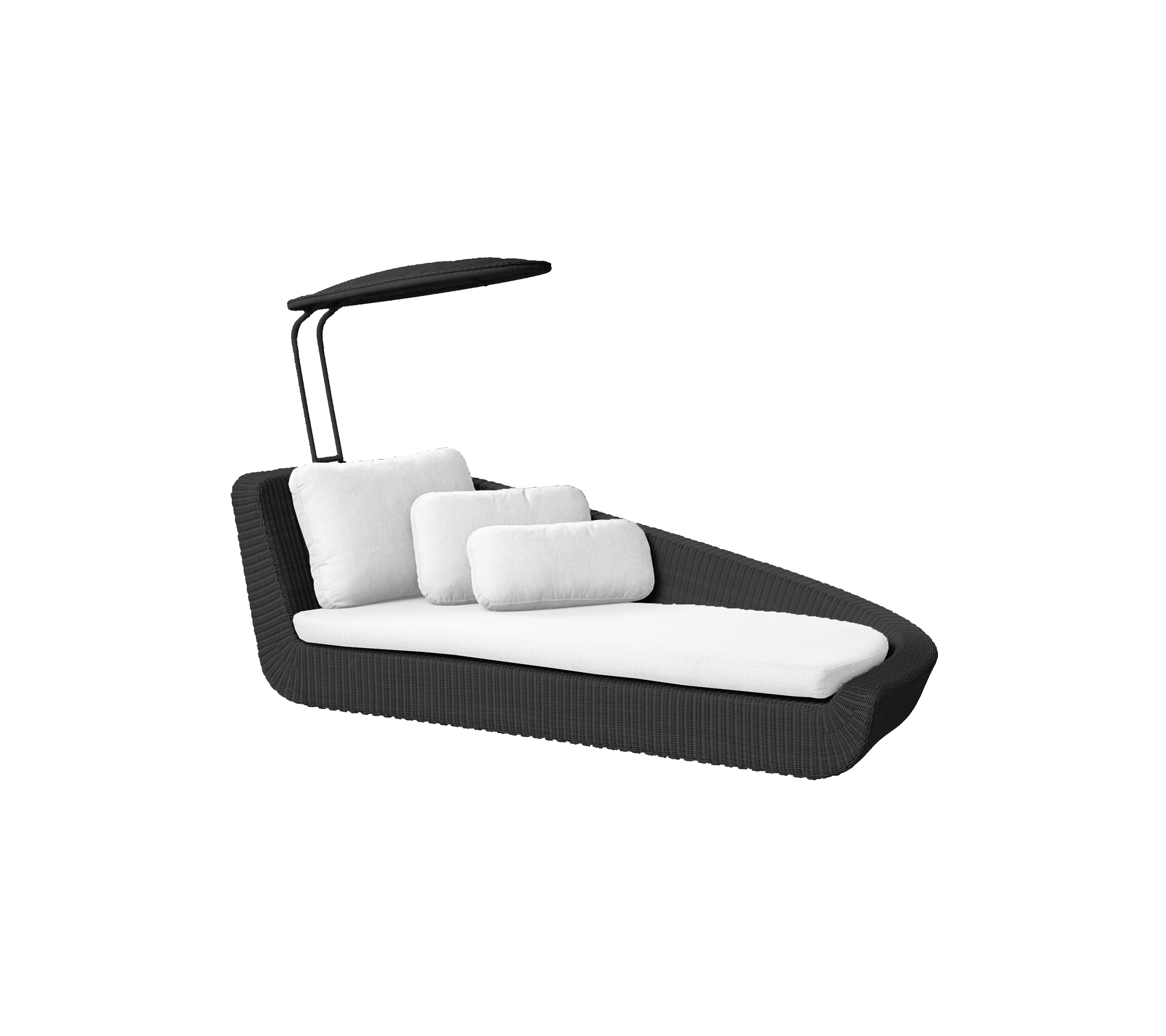 Stijlvolle zwarte loungestoel met witte kussens en een verstelbare luifel voor schaduw en comfort. Perfect voor ontspanning.