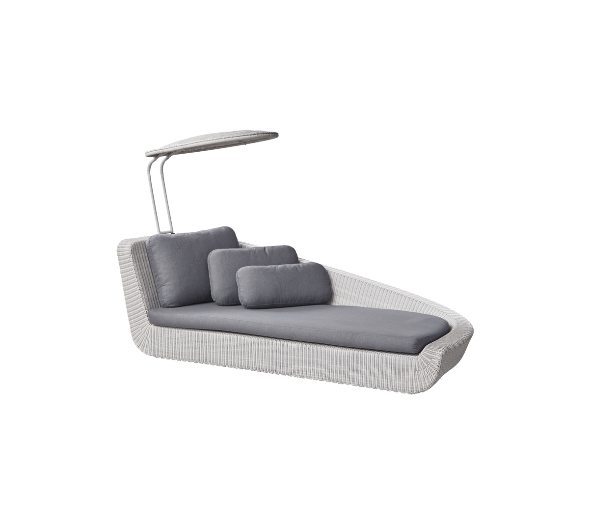 Stijlvolle loungestoel met een slank design, voorzien van grijze kussens en een beschermend dak voor extra comfort. Perfect voor ontspanning.