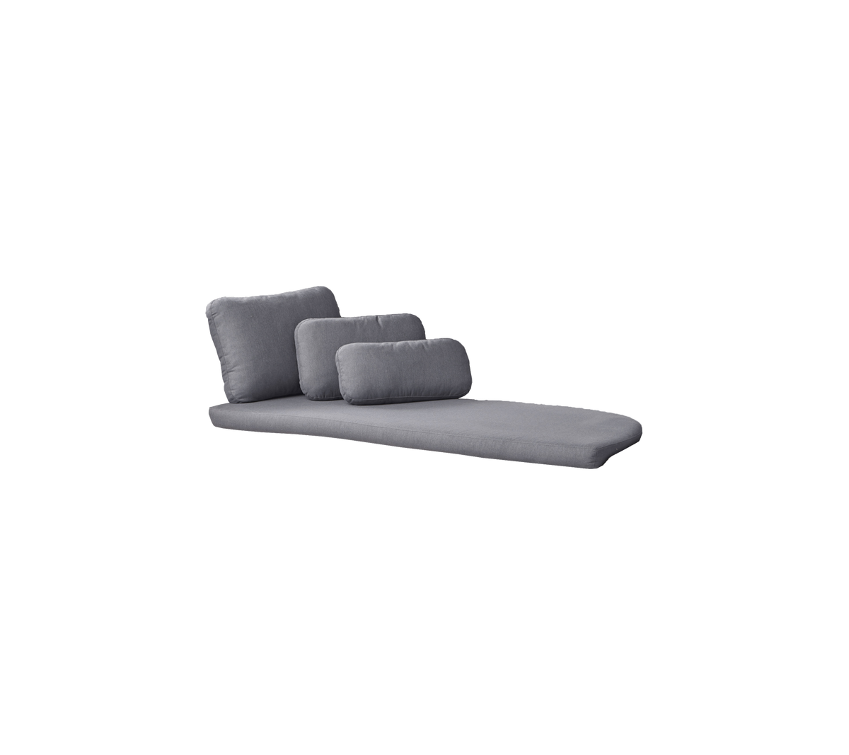 Moderne grijze chaise longue met drie pluche kussens, die een strak en comfortabel ontwerp voor ontspanning biedt.