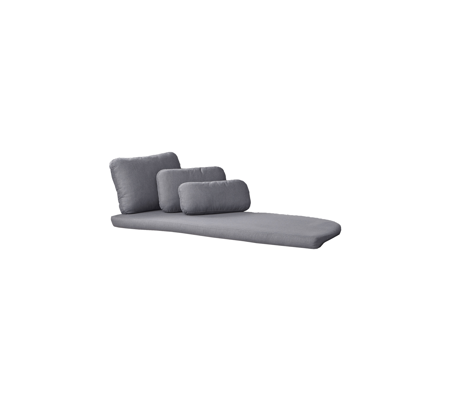 Moderne grijze chaise longue met drie pluche kussens, die een strak en comfortabel ontwerp voor ontspanning biedt.