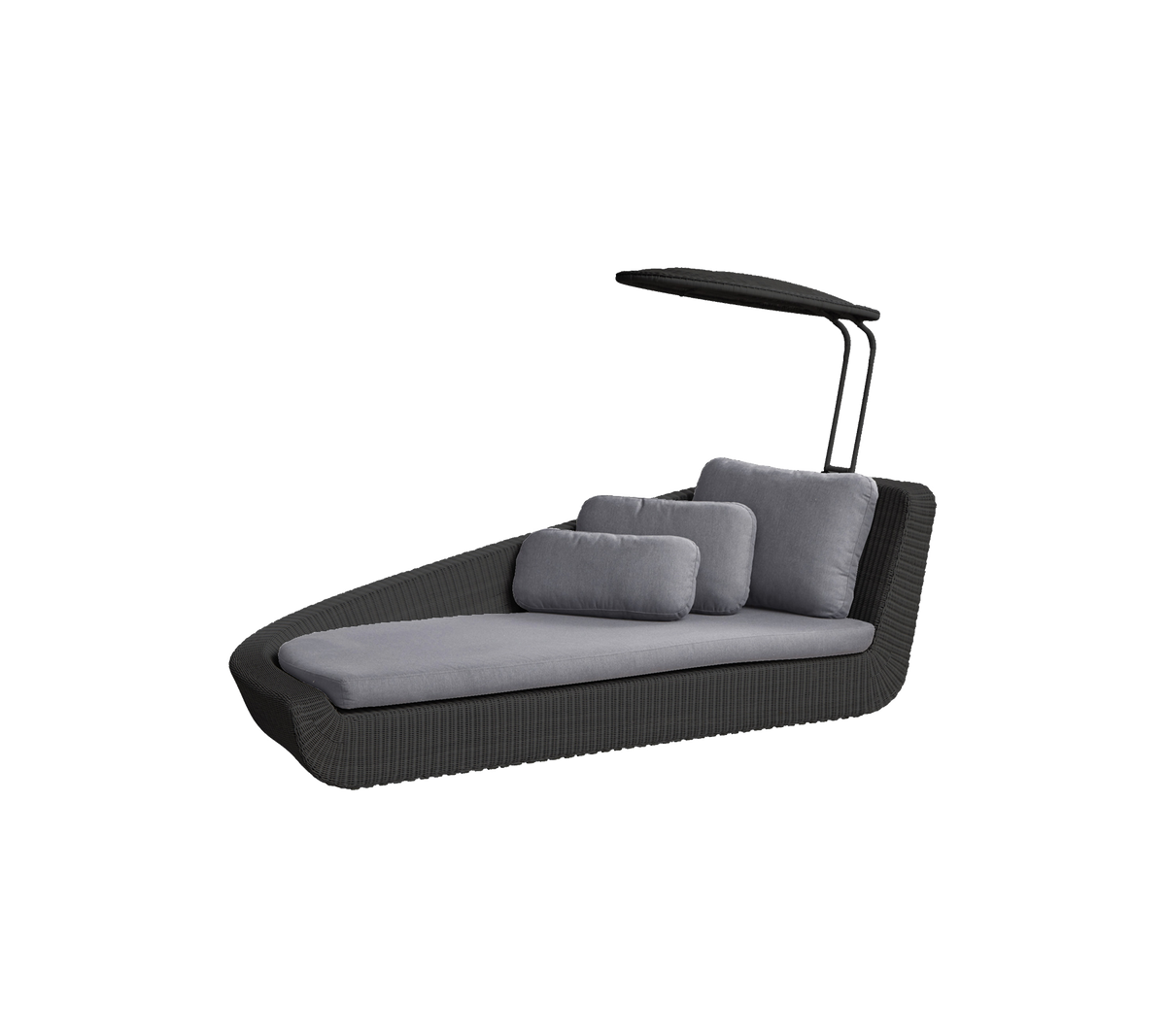 Stijlvolle loungechair met een modern ontwerp, voorzien van een luifel en zachte grijze kussens voor comfort en ontspanning.