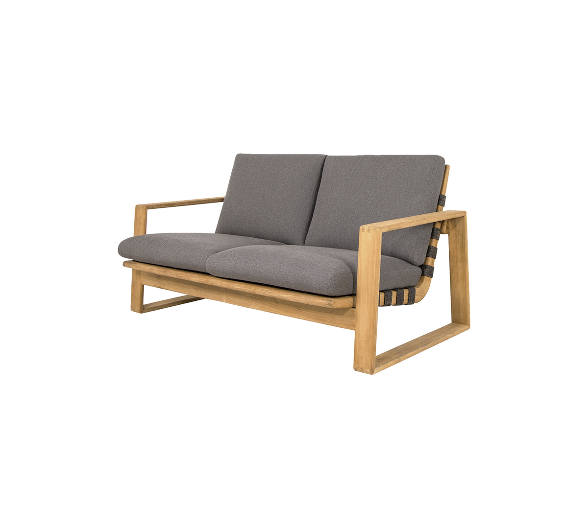 Tweedelige bank met een lichte houten frame en grijze kussens, met een modern ontwerp en comfortabele zitgedeelte.