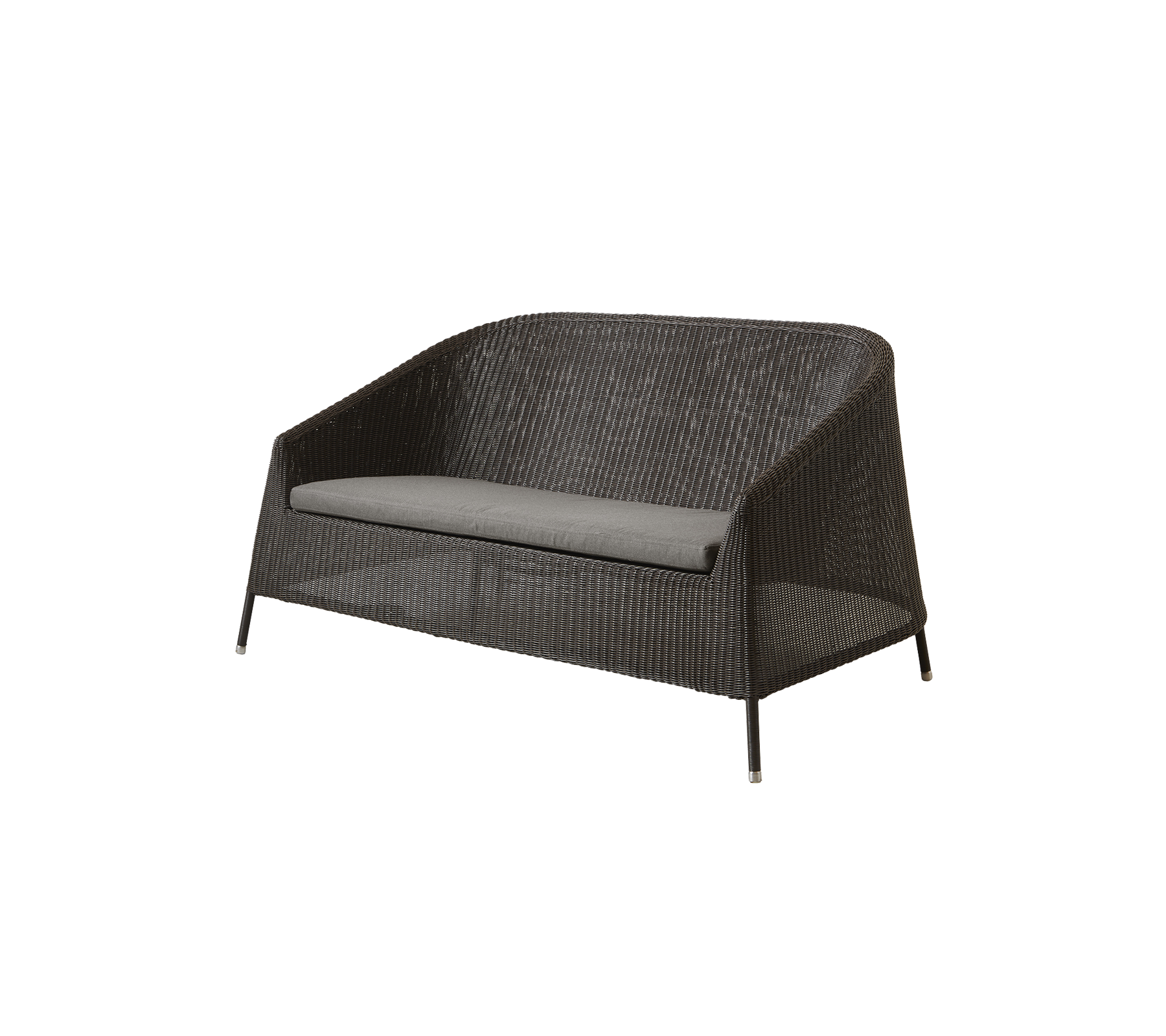 Stijlvolle tweezitsbank met een duurzaam geweven ontwerp en een grijze kussen, perfect voor ontspanning en comfort buitenshuis.