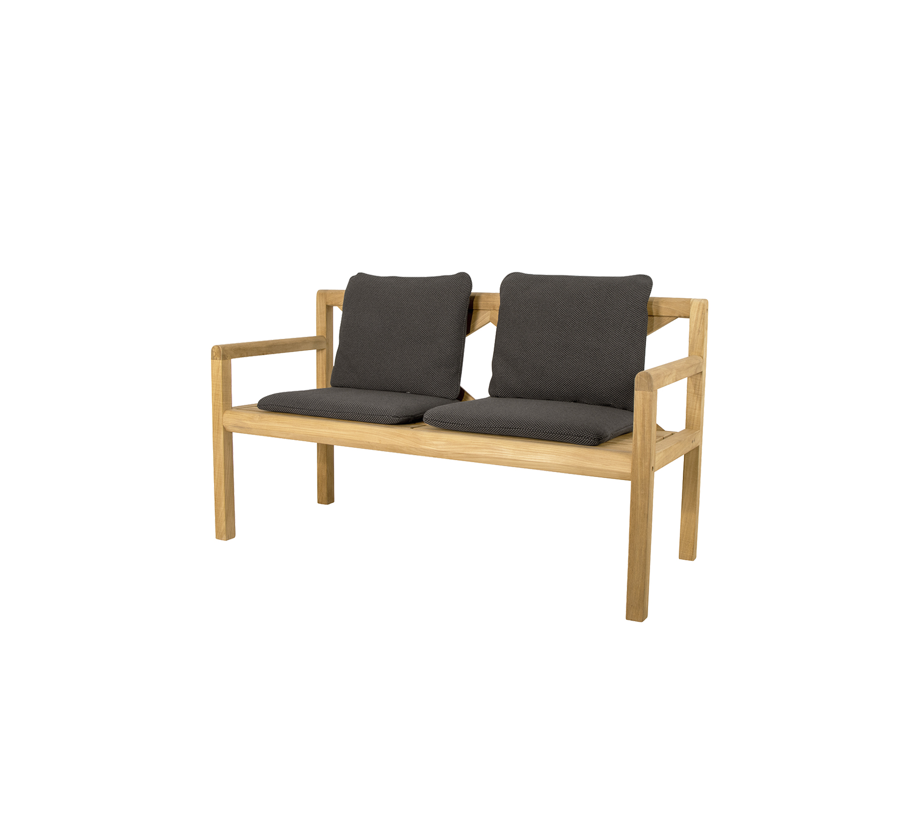 Tweepersoons houten bank met comfortabele donkergrijze kussens, met een eenvoudig en modern ontwerp. Ideaal voor informele zitplaatsen.