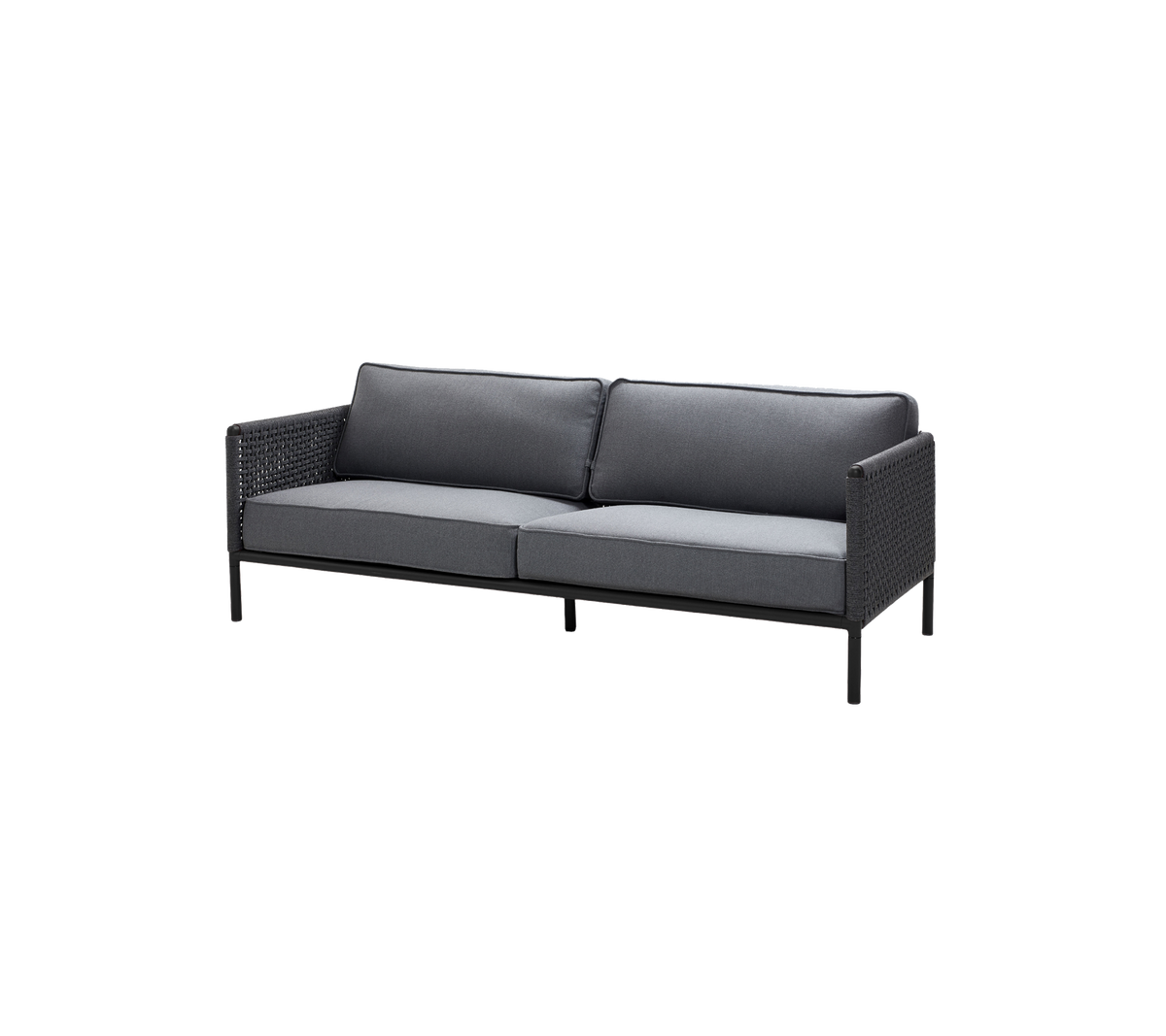 Stijlvolle tweezitsbank met een zwart frame en grijze kussens, met een geweven ontwerp voor extra textuur en comfort.
