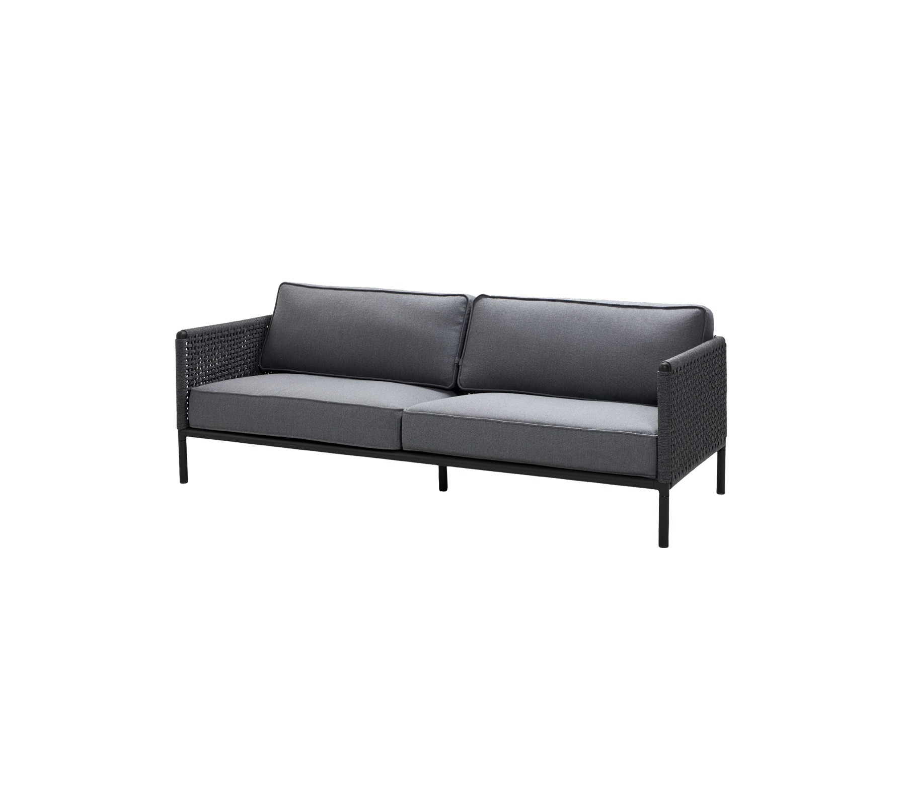 Stijlvolle tweezitsbank met een zwart frame en grijze kussens, met een geweven ontwerp voor extra textuur en comfort.