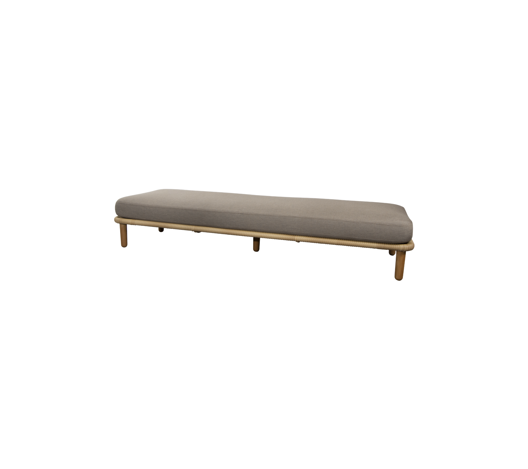 Een slanke, minimalistische bank met een gladde grijze kussen en houten poten, ontworpen voor veelzijdig zitten in verschillende ruimtes.