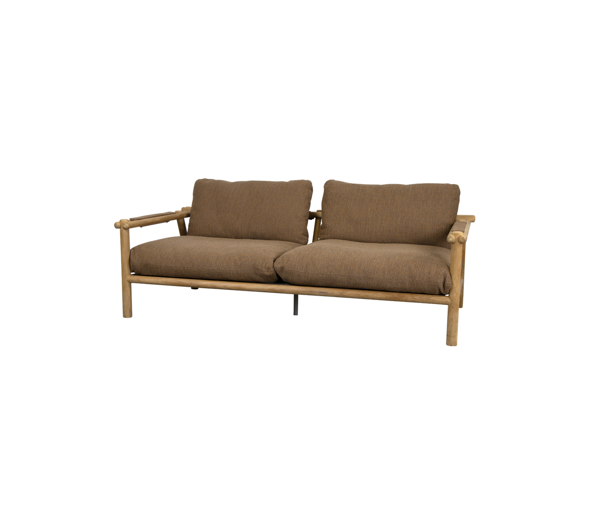 Een comfortabele tweezitsbank met een houten frame en zachte bruine kussens, ontworpen voor ontspanning en stijlvolle zitplaatsen.