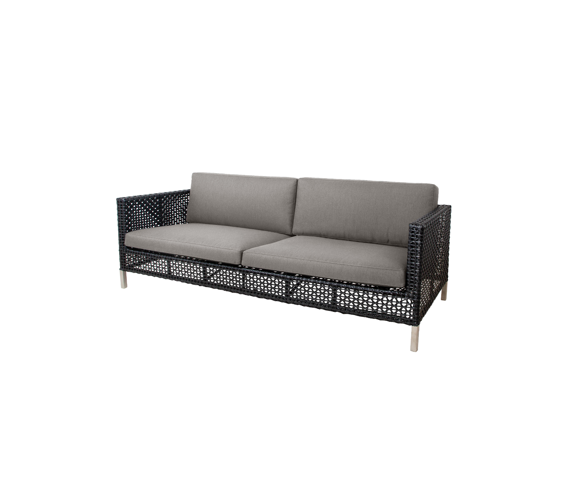 Stijlvolle bank met een geweven ontwerp en grijze kussens, ontworpen voor comfort en moderne esthetiek. Perfect voor elk zitgedeelte.