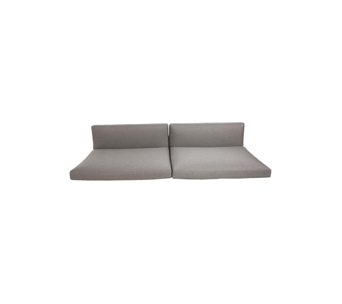 Lichtgrijze modulaire bank, verdeeld in twee secties, met een minimalistisch design, strakke lijnen en een hedendaagse esthetiek.