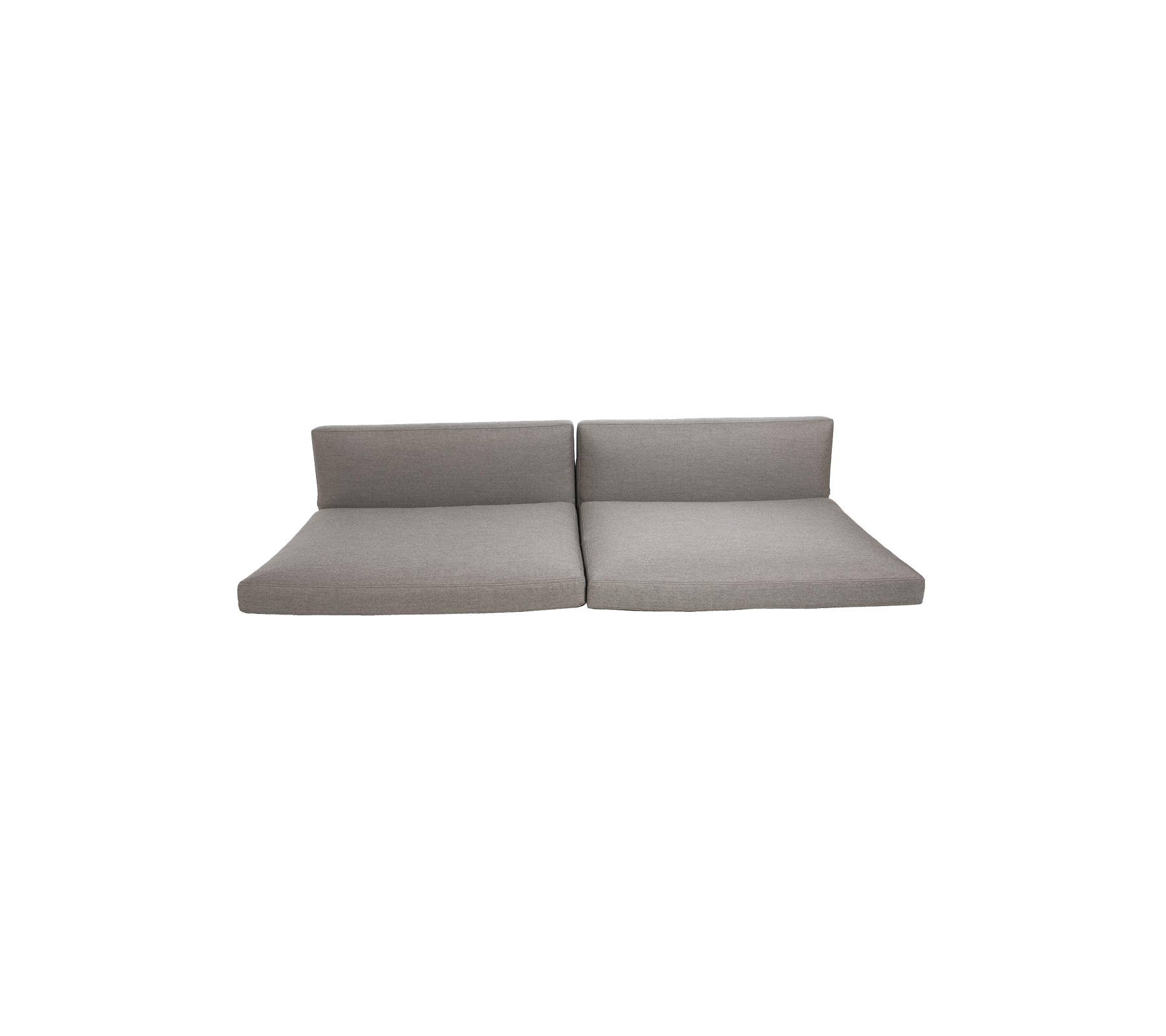 Lichtgrijze modulaire bank, verdeeld in twee secties, met een minimalistisch design, strakke lijnen en een hedendaagse esthetiek.