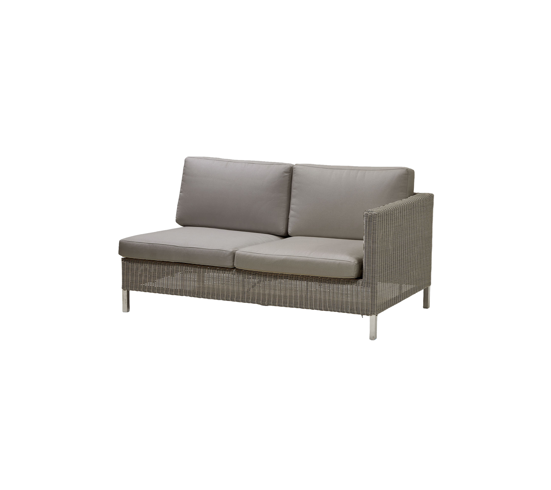 Moderne tweezitsbank met een gestructureerd frame en zachte grijze kussens voor comfort en stijl. Perfect voor ontspanning.