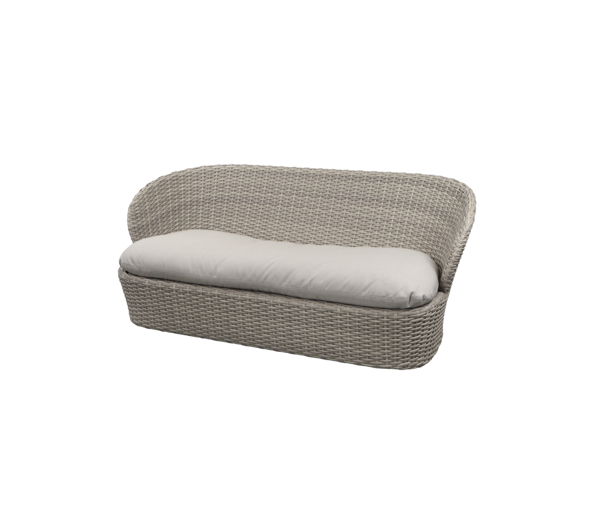 Geweven tweezitsbank met een zachte kussen, met een modern design en neutrale kleur. Ideaal voor ontspanning en comfort.