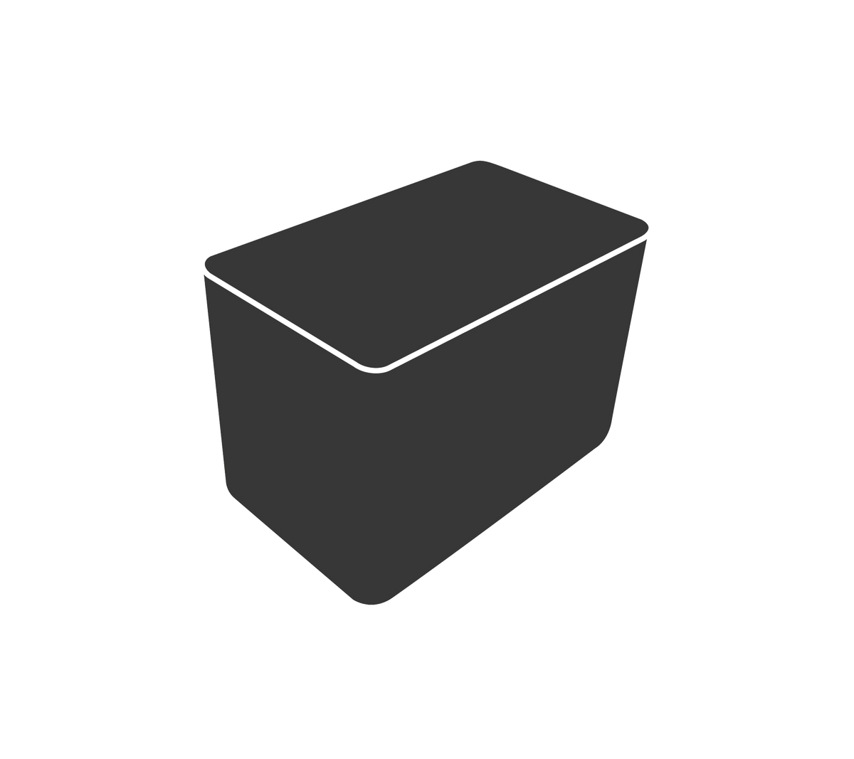 Een donkere, rechthoekige container met een gladde oppervlakte en licht aflopende zijden, voorzien van een plat deksel bovenop.