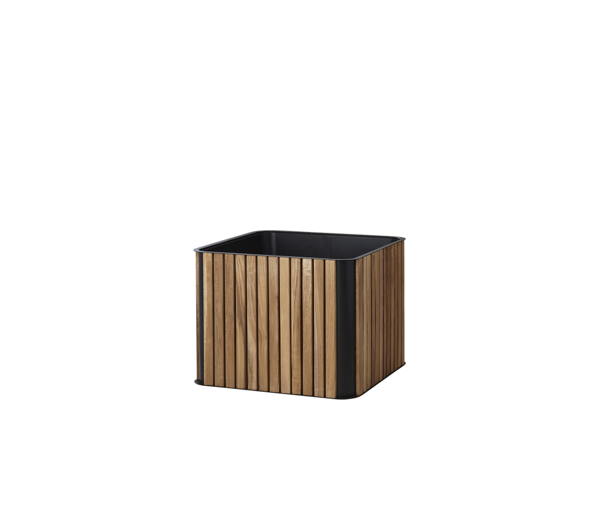 Vierkante plantenbak met een houten lattenontwerp en een zwarte voet, ideaal voor het tonen van planten en het verbeteren van elke ruimte.