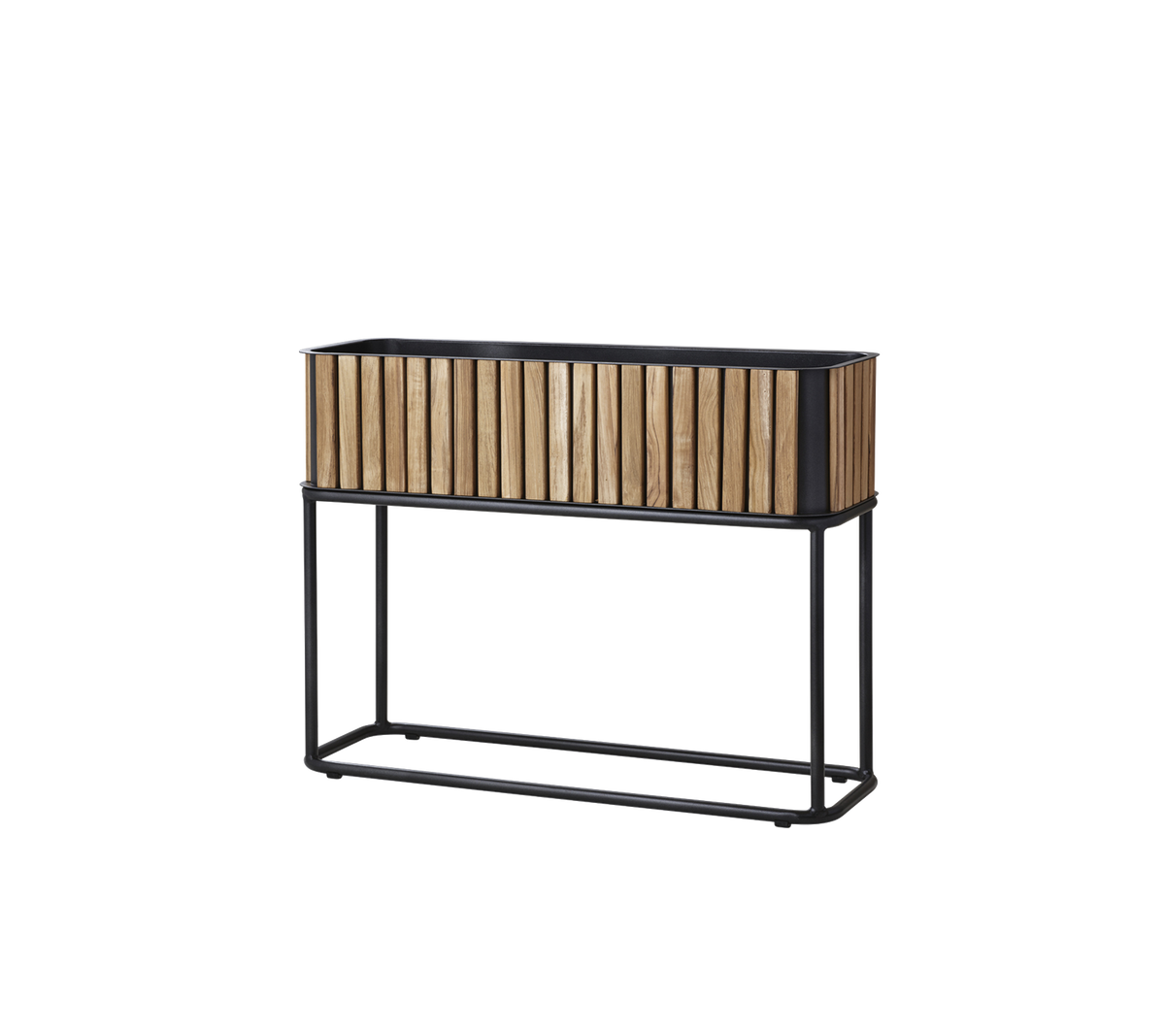 Houten plantenbak met een lammelontwerp, ondersteund door een slank metalen frame, geschikt voor het tonen van planten of bloemen.