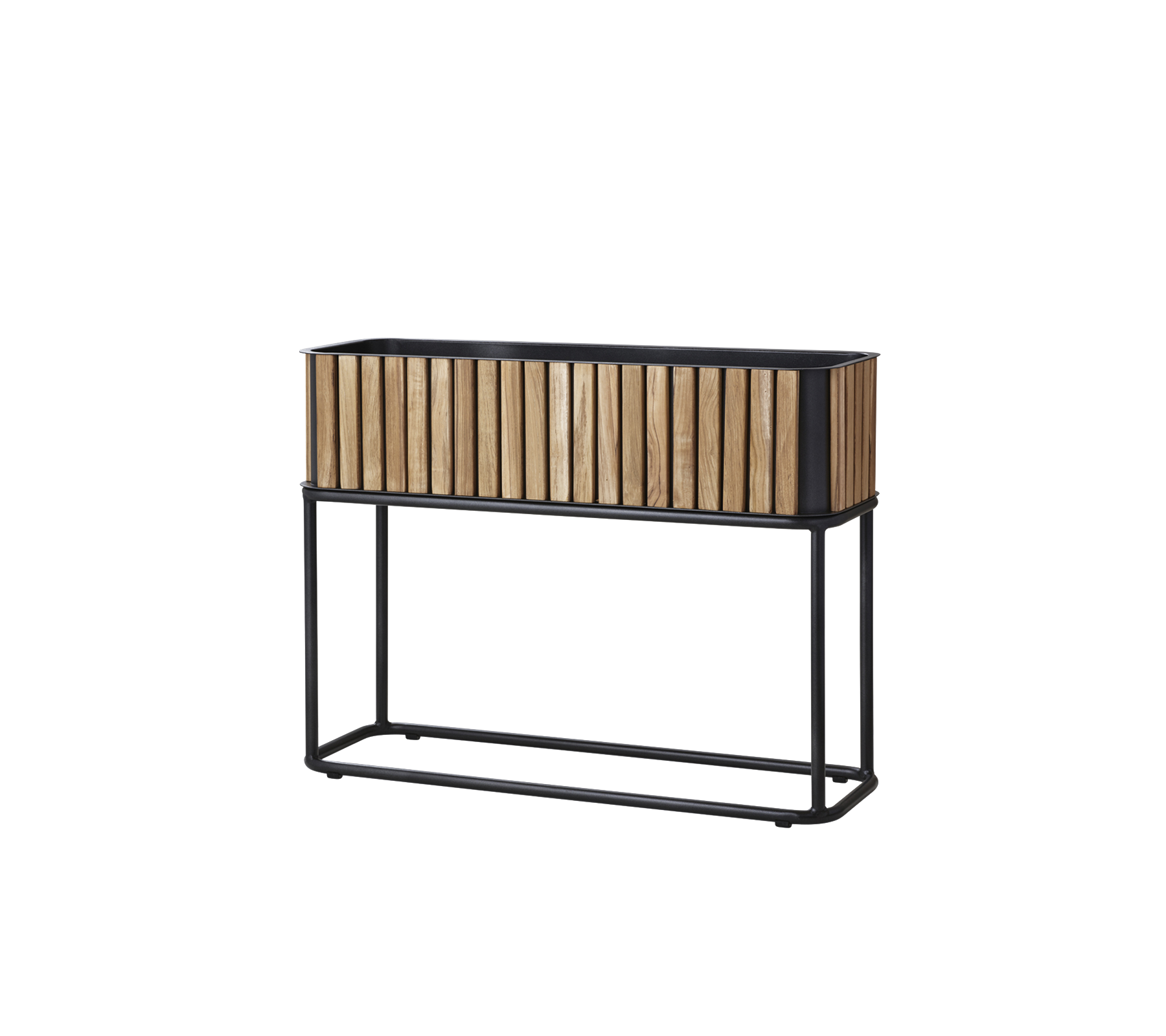 Houten plantenbak met een lammelontwerp, ondersteund door een slank metalen frame, geschikt voor het tonen van planten of bloemen.