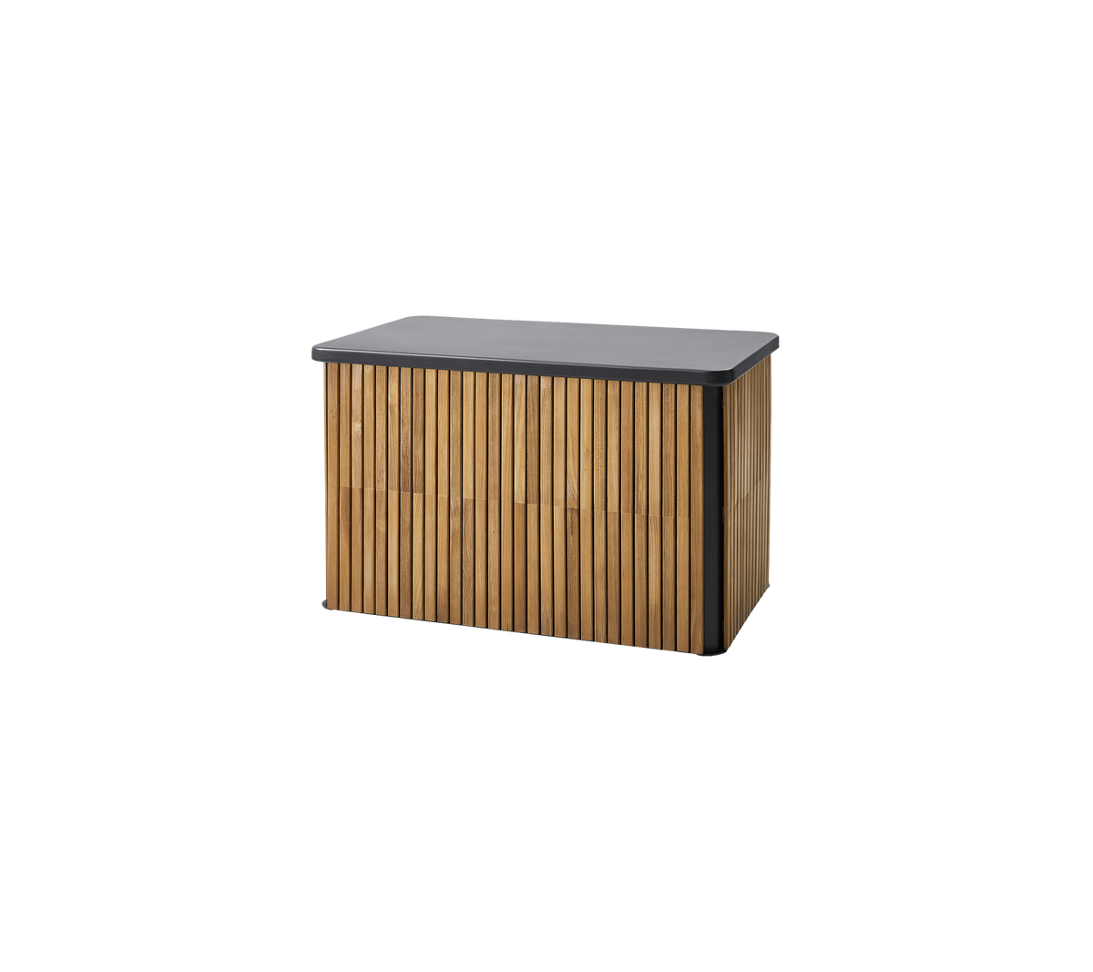 Houten opbergdoos met een lattenontwerp en een gladde donkere bovenkant, ideaal voor organisatie en stijl.