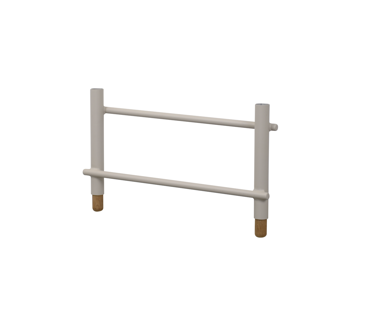 Witte ondersteuningsframe met twee horizontale stangen en vier cilindervormige benen, ontworpen voor stabiliteit en toegankelijkheid.