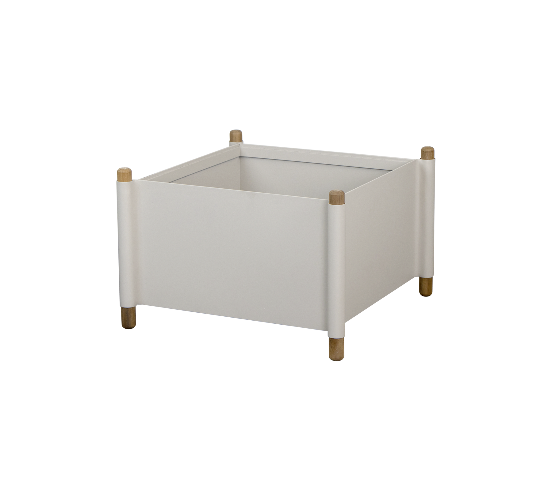 Vierkante witte opbergdoos met houten poten en ronde hoeken, geschikt voor het organiseren van verschillende items.