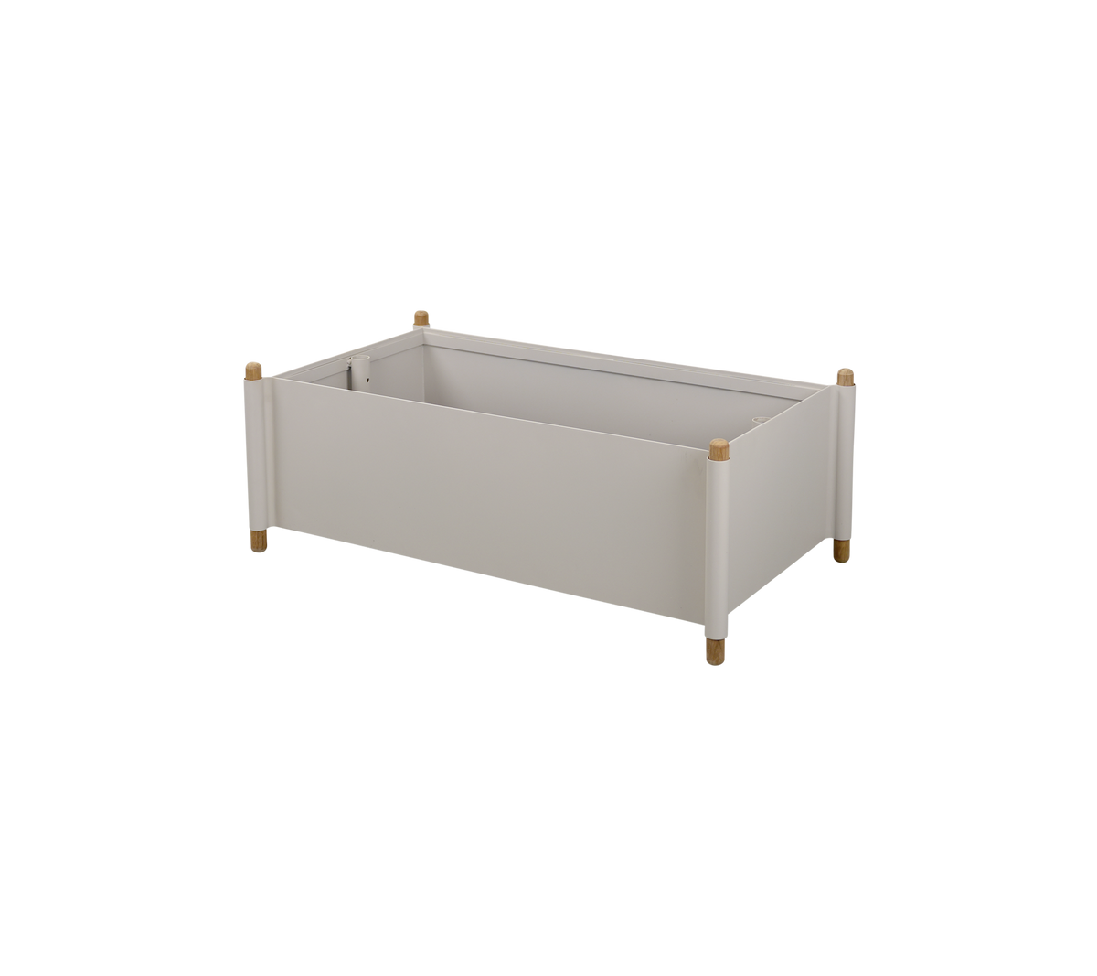 Lichtgrijze opbergdoos met houten poten en een minimalistisch design, geschikt voor het organiseren van verschillende items.